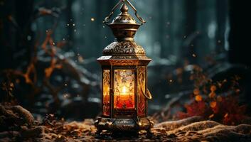 AI generated Cozy winter night with a lantern glowing amid the snow, eid and ramadan images photo