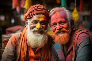 AI generated Holi elegance two seniors adorned in colorful powders, holi festival image download photo