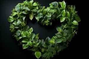 AI generated Green leaves arranged in a heart shape as a symbol of environmental love and conservation, environmental concept photo