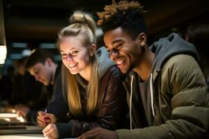 AI generated Four students at a table looking at a laptop exploring information together for a project or study session, diverse education and teachers day image photo