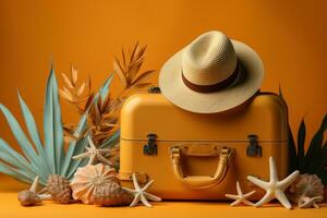AI generated Vibrant yellow suitcase holding palm leaves and starfish, best summer image photo