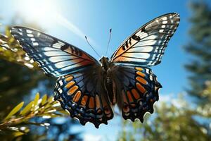 ai generado un mariposa en vuelo representando el lejos alcanzando Consecuencias de individual comportamiento, ambiental concepto foto