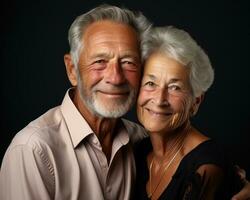 AI generated Senior couple stylish studio, happy active seniors images photo