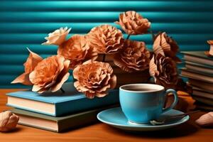 ai generado un sereno composición de flores un té cuenco y libros descansando en un mesa, educativo foto