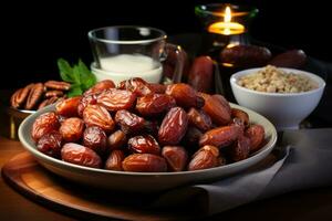 AI generated Capturing the essence of simplicity with a plate of beautifully arranged dates, eid and ramadan images photo