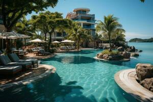 AI generated Exotic resort pool nestled among palm trees, beautiful summer photo