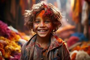 AI generated Boy smile capturing festive celebration, holi festival image download photo