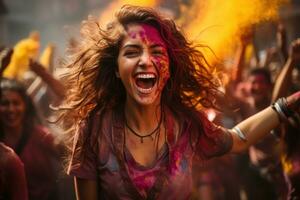 AI generated Spontaneous dance and color burst at holi flash mob, holi festival image download photo