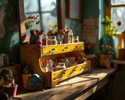 AI generated Cute wooden toy rack for children featuring a spacious mirror for imaginative play, diverse education and teachers day image photo