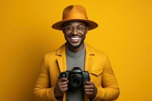 AI generated Man with camera and hat creates a striking image on orange, beautiful summer photo