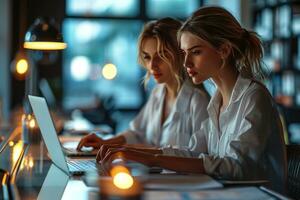 AI generated Two women in business working on a laptop, business meeting image photo