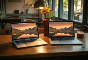 ai generado socios utilizando tabletas y laptops para eficiente trabajar, negocio reunión imagen foto