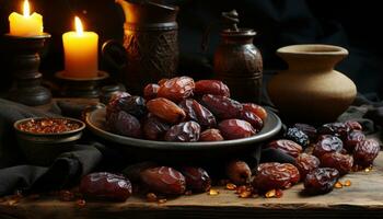 AI generated Dried dates presented on an antique wooden surface, eid and ramadan images photo