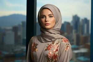 AI generated A muslim model strikes a pose in stylish modern attire against city backdrop, eid and ramadan images photo