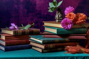 AI generated A charming setup featuring books flowers and pictures for teacher day celebration, educational photo