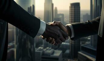 AI generated Smartly dressed men exchange a handshake in front of an impressive building, business meeting image photo