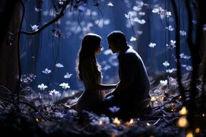 AI generated Romantic exchange of flowers in a silver lit forest, valentine, dating and love proposal image photo