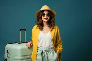 AI generated Female tourist pointing to suitcase against a blue backdrop, relaxing summer scene photo