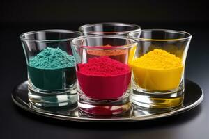 AI generated Three glasses bursting with colored powders, holi festival image download photo