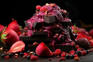 AI generated Dark chocolate waterfall adorning plump strawberries, engagement, wedding and anniversary image photo