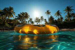 ai generado dorado piscina flotador y palma arboles en un verano configuración, verano paisaje imagen foto