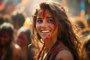 ai generado ojos de festividad personal reflexiones en holi celebraciones, holi festival imágenes hd foto