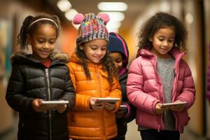 ai generado cuatro niños en un pasillo comprometido con un tableta explorador digital maravillas juntos con excitación, diverso educación y profesores día imagen foto