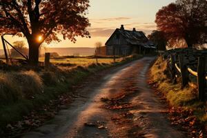 ai generado campo paisaje abrazando otoño amanecer, amanecer y puesta de sol fondo de pantalla foto