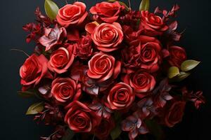 AI generated Red roses crafted into cupid arrow formation, valentine, dating and love proposal image photo