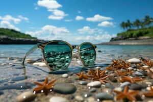 AI generated Stylish sunglasses and starfish adorning the sand, best summer image photo