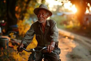 AI generated Elderly gentleman cycling, diverse active seniors pictures photo