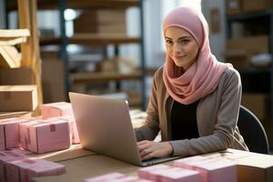 ai generado un enfocado mujer en hijab comentarios su posesiones en un ordenador portátil en medio de cajas, eid y Ramadán imágenes foto