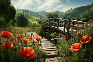 AI generated Rustic pathway amidst breathtaking poppy fields, spring session photos