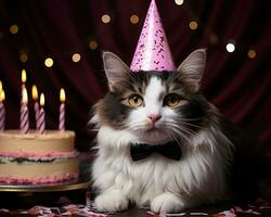 AI generated Cat wears a party hat and bow tie ready for a celebration, animal photography pics photo