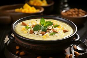 AI generated Scrumptious yellow dessert featuring a delightful blend of nuts and almonds in a wooden vessel, eid and ramadan images photo