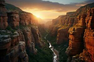 ai generado abrazo puesta de sol jugar de ligero y sombra en cañón, amanecer y puesta de sol fondo de pantalla foto