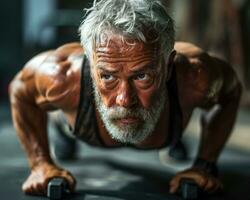 AI generated Elderly man doing push ups in the gym, active seniors lifestyle images photo