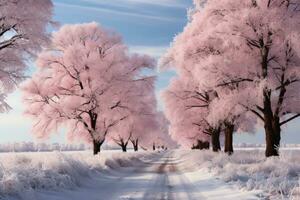 AI generated Snowy sunrise trees and fields awash in dawn light, sunrise and sunset wallpaper photo