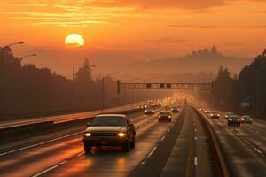 ai generado puesta de sol sendero vehículos atravesar vacío carretera, amanecer y puesta de sol fondo de pantalla foto