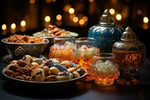 AI generated Celebrating ramadan with sweet traditions and ornate mosque decor, eid and ramadan images photo