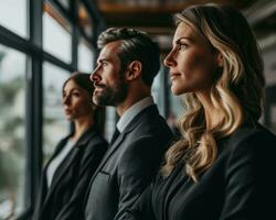 AI generated Office teamwork colleagues standing united for a group picture, formal business meeting image photo