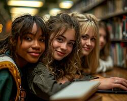 ai generado grupo de muchachas apoyarse en un ordenador portátil compartiendo se ríe en un vacío colegio biblioteca, educativo imagen foto