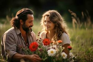 AI generated Sunlit picnic scene with a retro couple and wildflower bouquet, valentine, dating and love proposal image photo