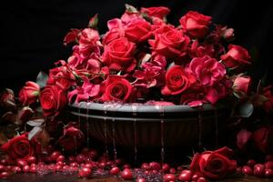 AI generated A romantic garden scene with a fountain encircled by vibrant red roses, valentine, dating and love proposal image photo