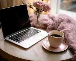 AI generated Laptop and coffee as the cornerstones, business meeting image photo