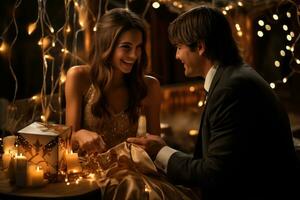 AI generated Couple shares gifts in a lantern lit setting surrounded by twinkling lights, engagement, wedding and anniversary image photo