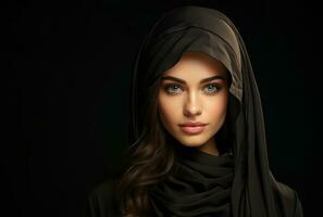 AI generated Muslim woman in a striking black hijab, eid and ramadan images photo