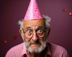 ai generado mayor hombre disfrutando celebracion en rosado fondo, activo personas mayores estilo de vida imágenes foto