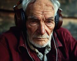 ai generado un abuelo disfrutando música con auricular, imágenes de mayor los ciudadanos foto