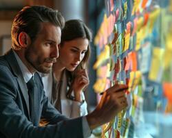 AI generated Male and female professionals strategizing on sticky note board, business meeting image photo